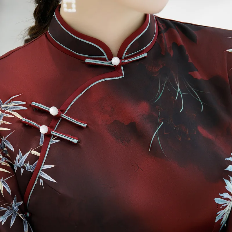 Бордовое длинное платье Ципао с высоким разрезом воротник стойка рукав три