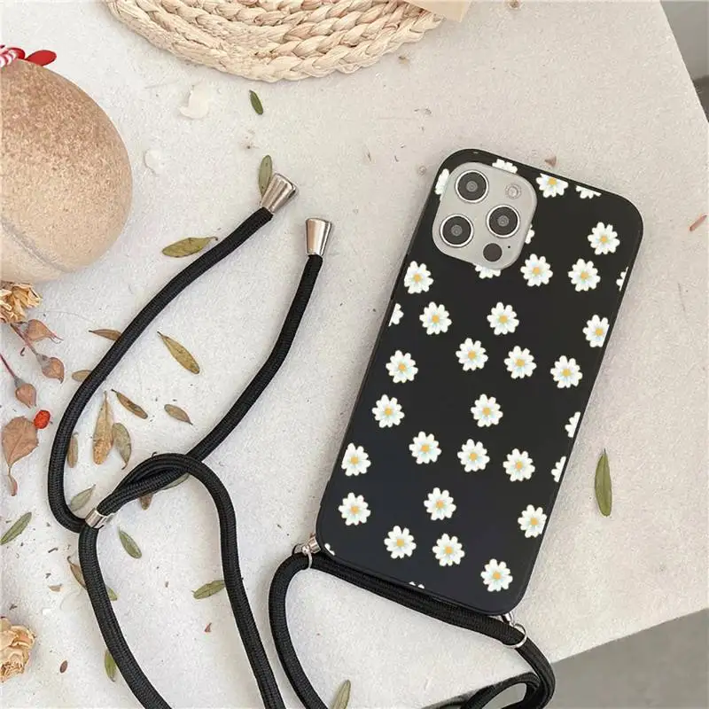 

Daisy Flower Phone Case For iPhone 7 8 11 12 X XS XR MINI Pro Max Plus Strap Cord Chain Lanyard soft