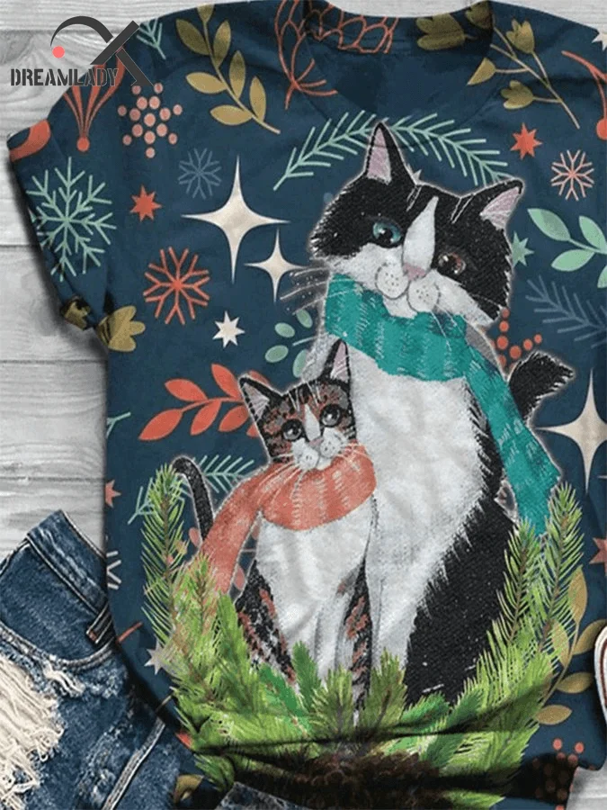 

Women Cat Christmas T-shirt Cartoon Printed Tees Short Sleeve Animal Print T-shirt O-neck Casual Tops Tee Women 2020