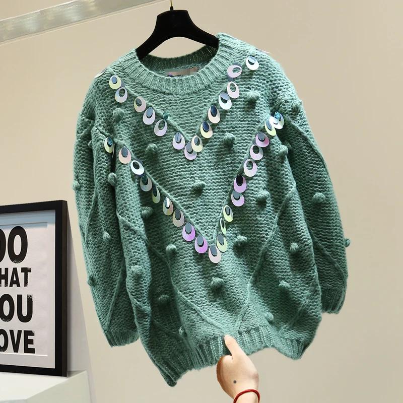 

2020 Winter New Loose Round Neck Lazy Fashion Sequins Sweater Wmen Long Casual Pink Knit Pullover Long Sleeve All-Match Sweaters