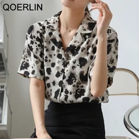 qoerlin leopard print shirt women printed dyed shirt office ladies 2021 summer blouse short sleeve tops chic buttons