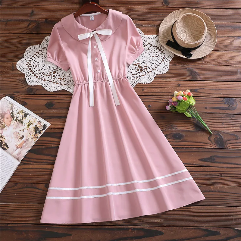 Летнее Новое милое платье в японском стиле с коротким рукавом mori girl однотонные