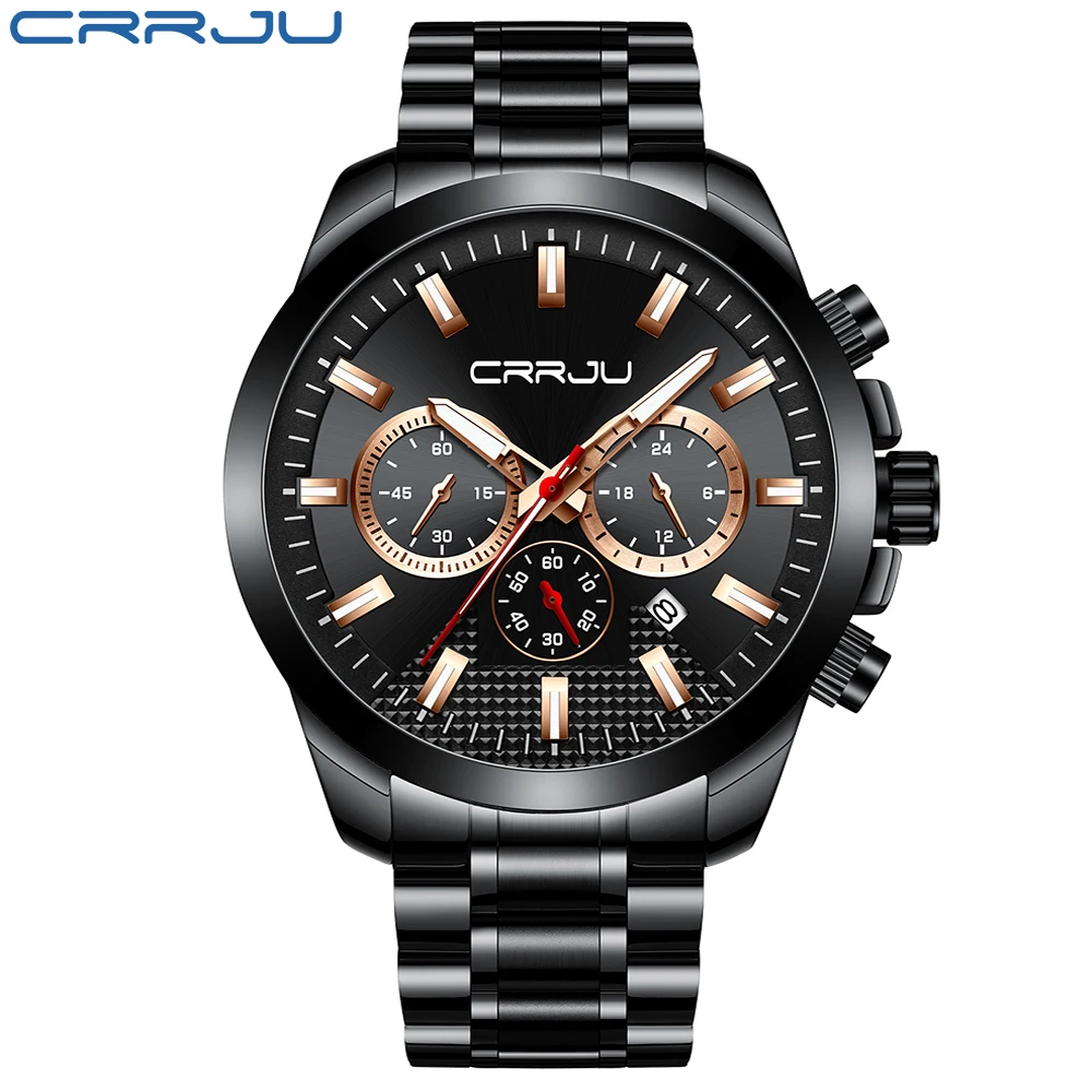 CRRJU New Business Men Watch Top Brand Luxury Full Steel Chronograph Quartz Clock Waterproof Big Dial Watch Relogio Masculino