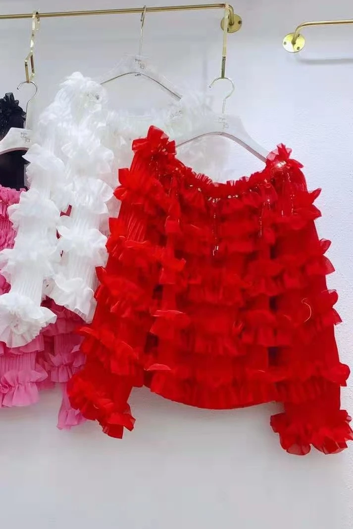 

Elegant Solid Color Slash Neck Long Sleeve Chiffon Shirt for Women Spring Sweet Beaded Tassel Layered Ruffled Blouse Top