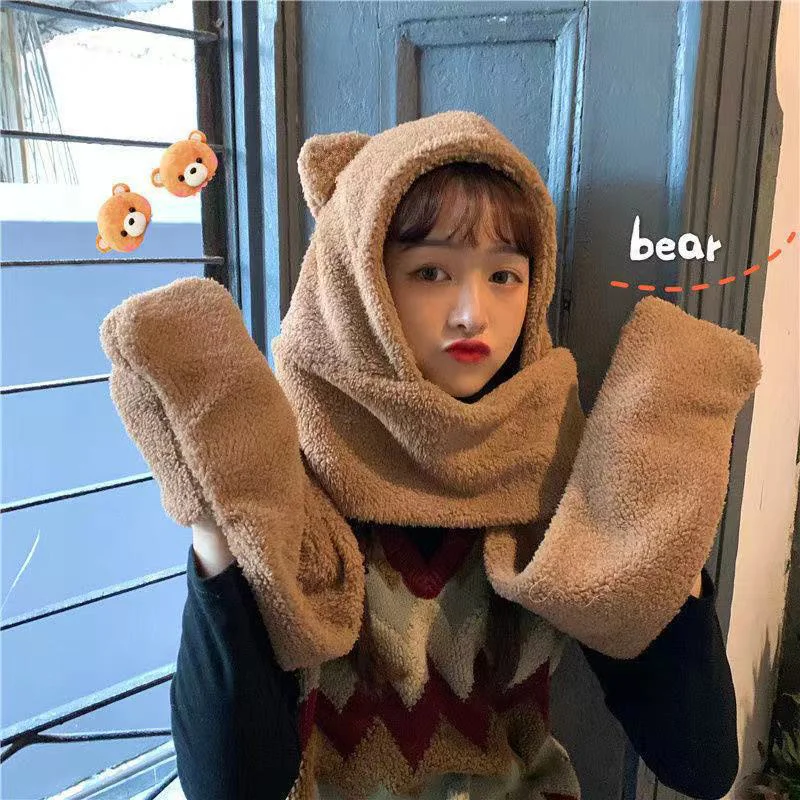 

Winter Women Novelty Caps Warm Cute Bear Ear Hat Casual 3-in-1 Plush Hat Scarf Gloves Casual Solid Fleece Women Caps M2