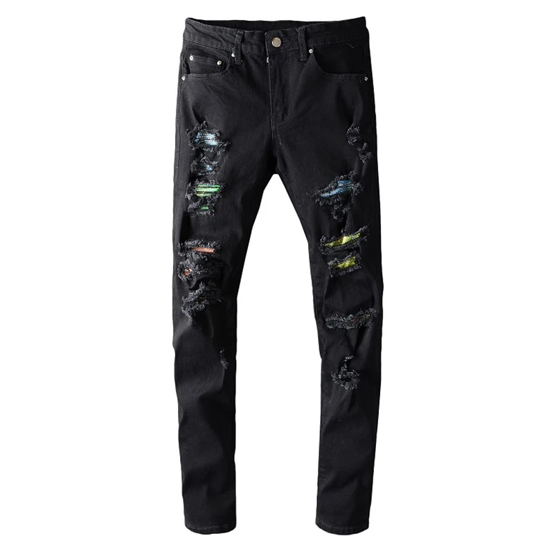 

Men's crystal ripped black stretch denim jeans Streetwear distressed skinny pencil pants