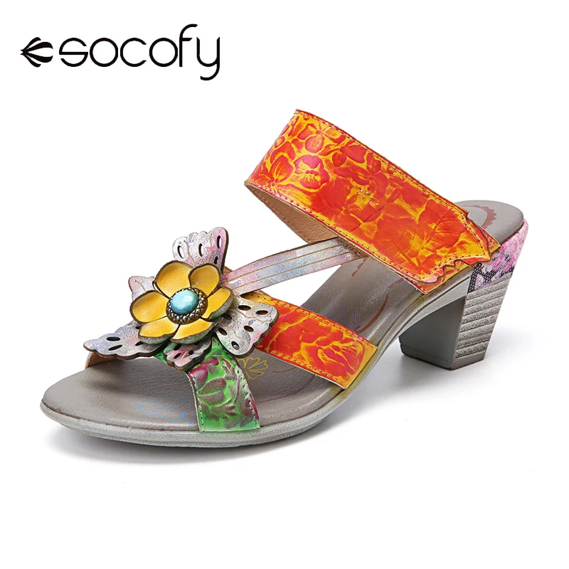 

Socofy Floral Date Opened Toe Sling Back Hook Loop Bohemian Leather Chunky Heel Sandals Women Autumn Summer Heeled Shoes