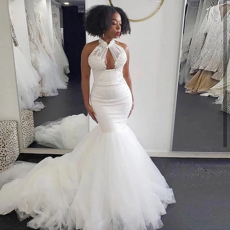 

Simple High Neck Mermaid Wedding Dresses Sexy Appliques Lace Beach Bridal Dress Lace Up Back African vestidos de novia