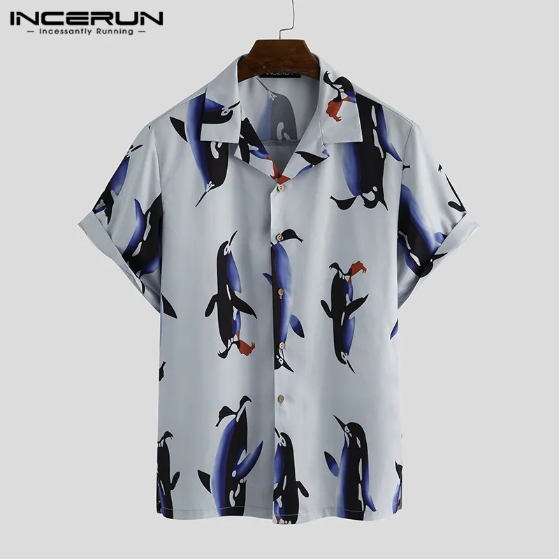 

Рубашка INCERUN мужская с принтом, гавайская блуза с коротким рукавом, лацканами, на пуговицах, Повседневная Уличная одежда, лето 2021