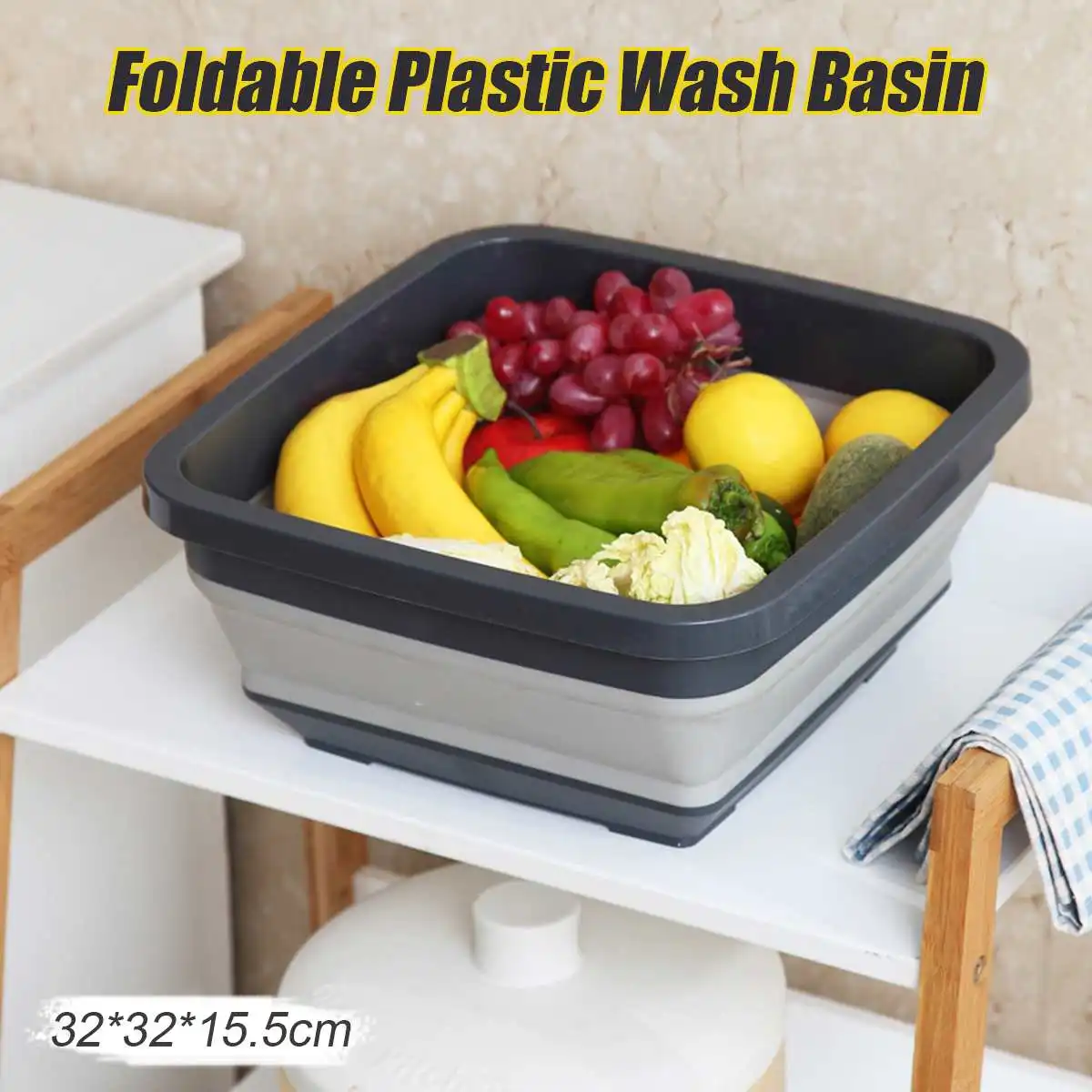 

Square Fruit Vegetable Folding Basins Portable Wash Basins Folding Laundry Tub Sink Drain Basket Bathroom Kitchen Outdoor Travel