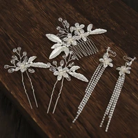 silver pearl crystal flower wedding hair combs hair clip earrings hair accessories for bridal headpiece women bride hair ornamen
