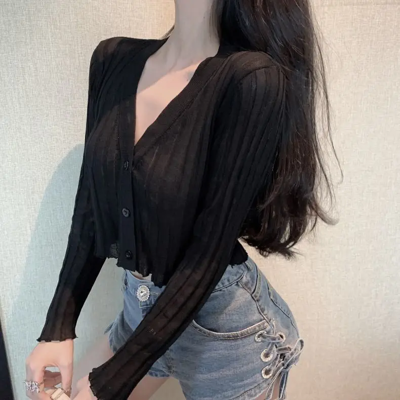 

Knit Crop Tops Women V-Neck Knitted Casual Short Sweaters Cardigans Lady Knitting Thin Summer Cardigan Outwear for Female