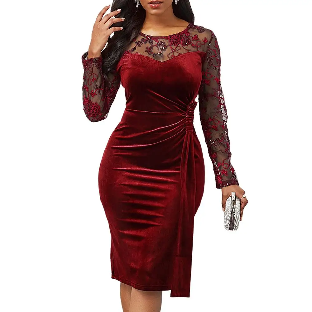 

Hot Sexy Dress Women Autumn Winter See Through Long Sleeve Lace Embroidery Patchwork Ruched Bodycon Party Dress 3 Colors