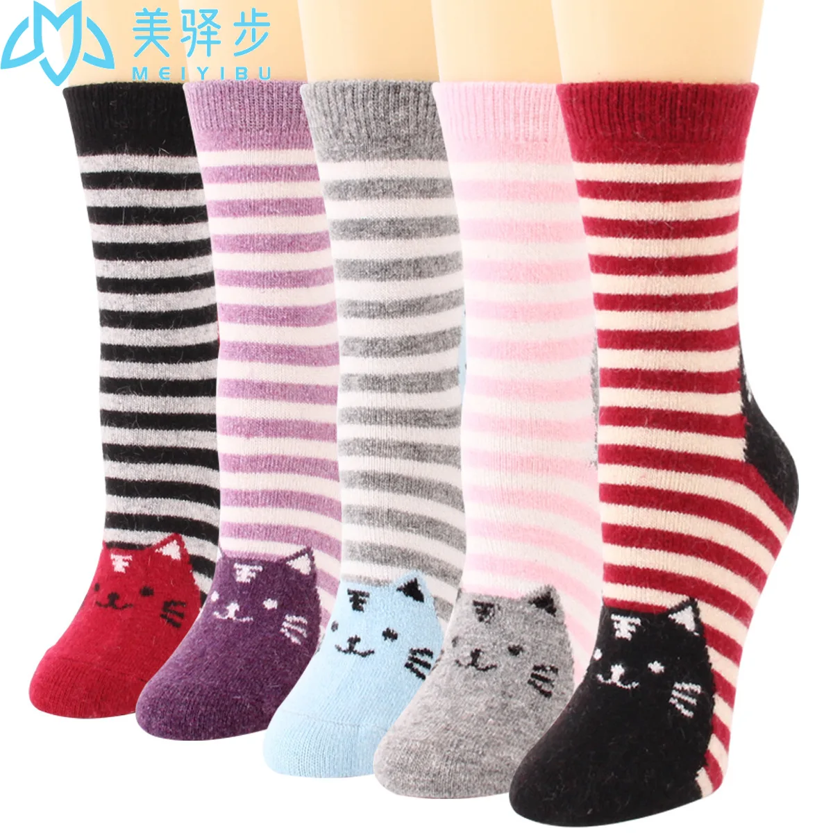 Cat Wool Socks 12 PAIRS PER SET Cute Striped Lady Cashmere Socks Manufacturers