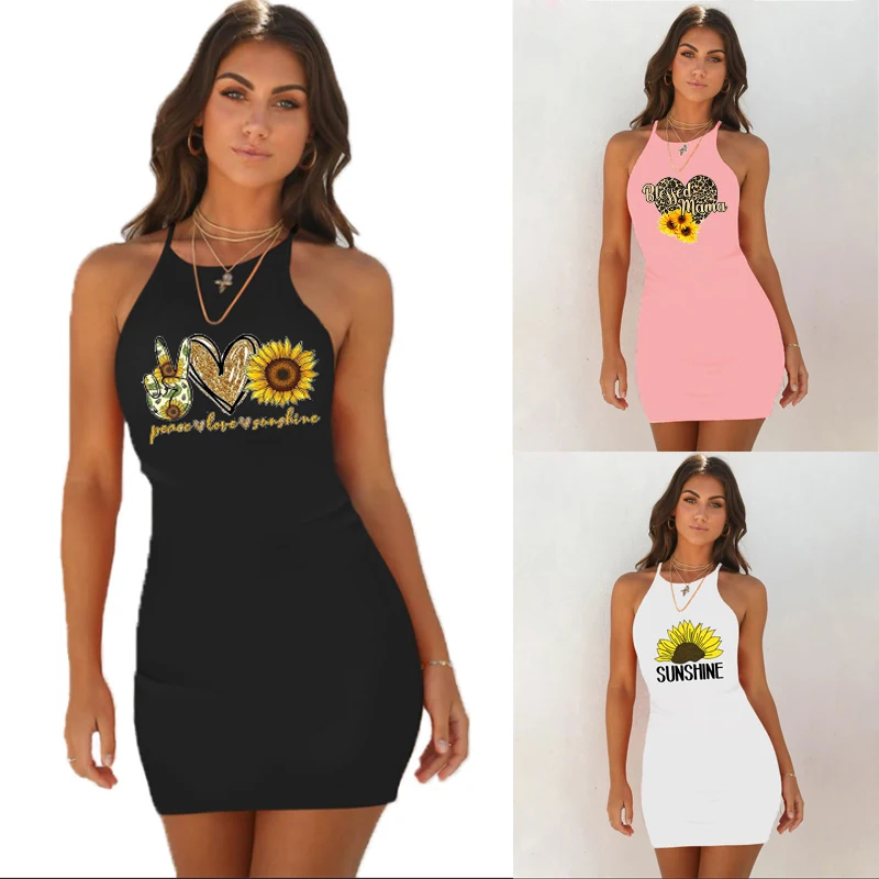 

Summer Dress For Women Sunflower Printing Black Mini Dresses Sexy Bodycon Club Party Spaghtti Mujer Sleeveless Dress 2020