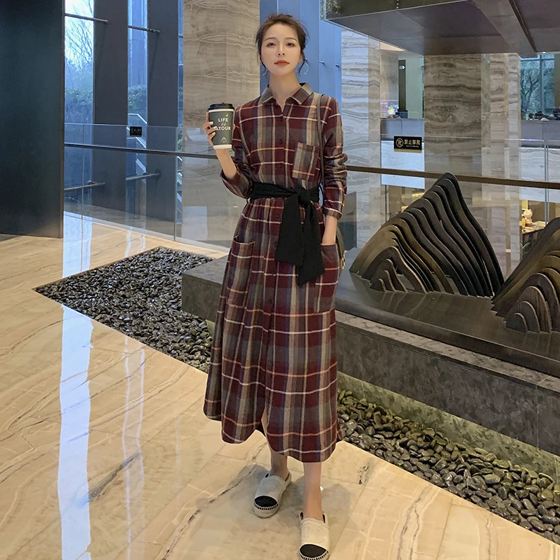 

NSMW MI 2021 Plaid Dress Women Spring Autumn New Korean Shirt Collar Waist-controlled Lace-up Fashion Casual Dress Female D27