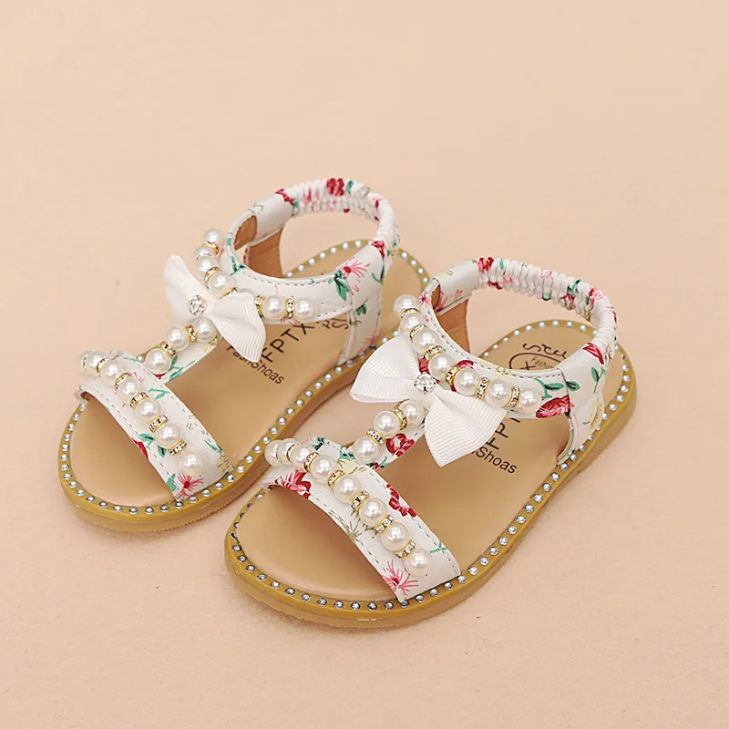 Детские сандалии с бантом MHYONS пляжные принцессы жемчужными бусинами для девочек