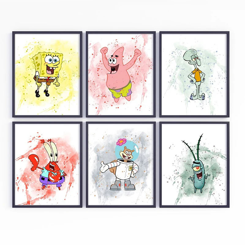 

Spongebob Watercolor Prints Poster Patrick Squidward Wall Art Canvas Painting Home Deocr Perfect Art Gift for Spongebob Lovers