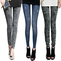 imitation denim printed 9 point leggings wear large elastic pants black and blue and the style is shipped randomly