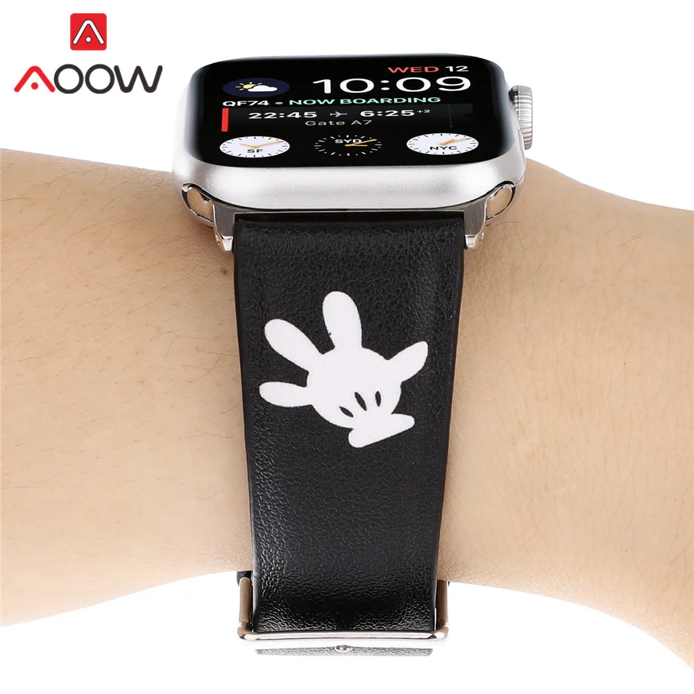 Кожаный ремешок для часов с мультяшным принтом для Apple Watch 40 мм 44 мм 38 мм 42 мм Микки браслет с подвеской в виде мыши ремешок для iWatch 1 2 3 4
