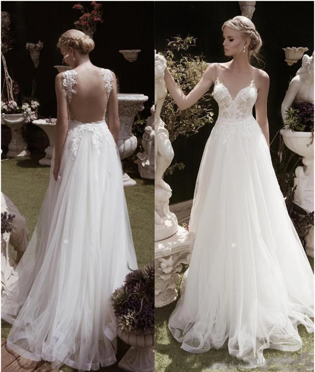 

Illusion Bodice Backless Beach Wedding Dress New Design Princess Bride Dresses Turkey Sexy Deep V Neck Lace For Vestido De Noiva