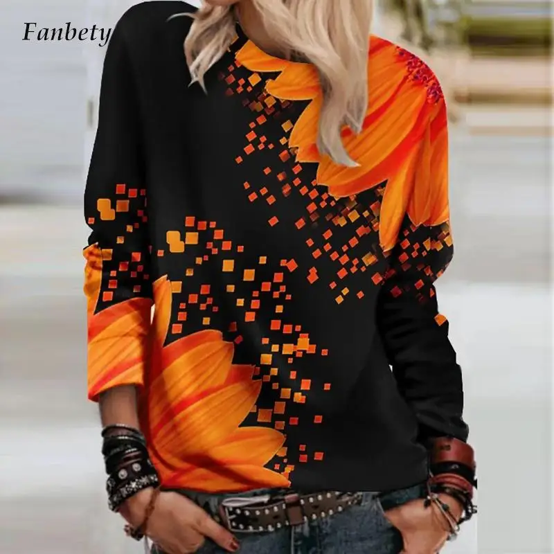 

Женский пуловер с круглым вырезом, длинным рукавом и принтом