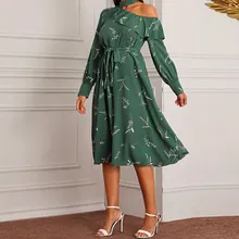 Vestido de verano de manga larga con volantes para mujer, traje Floral con hombro inclinado, para playa (3)