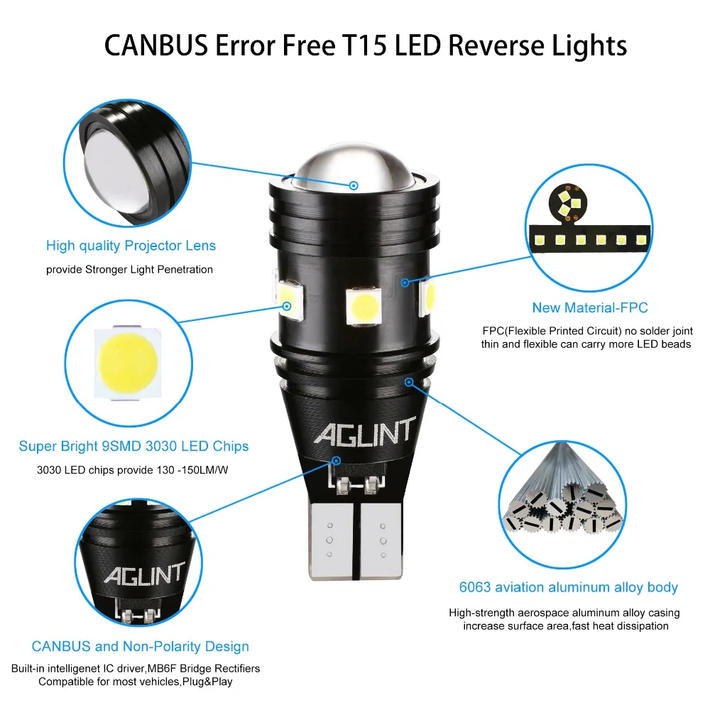 AGLINT 2 шт. T15 T16 W16W 912 921 CANBUS безошибочный светодиодный светильник, Автомобильный задний светильник, супер яркий 3030 SMD 9 чипов 12-24 в белый
