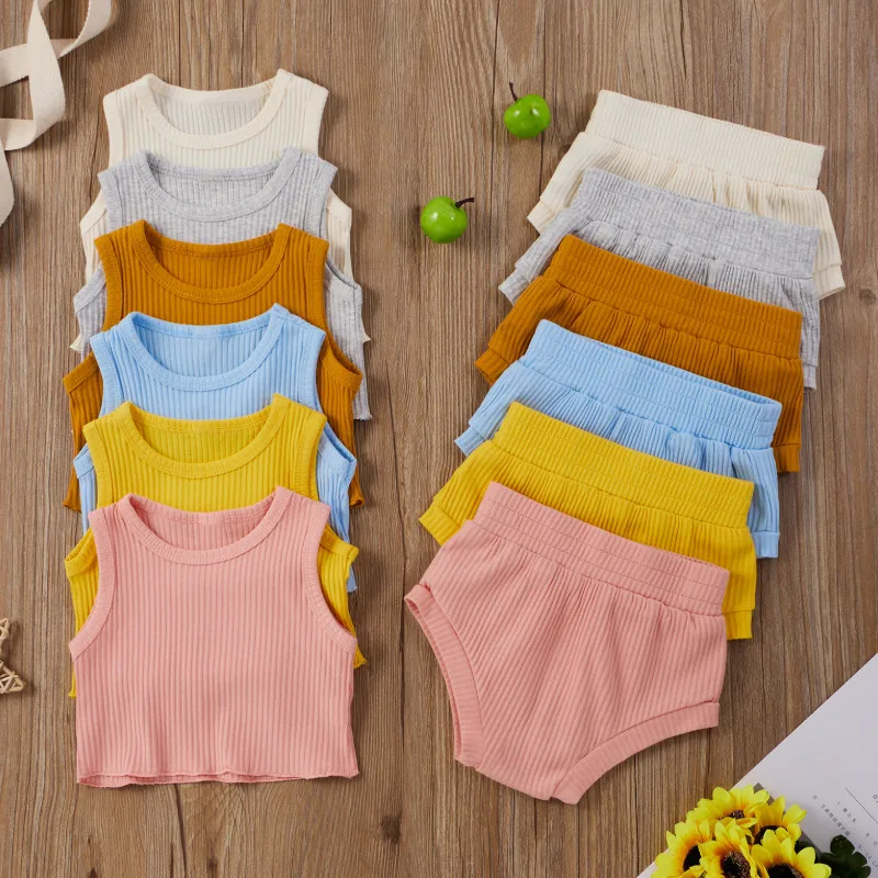 

Newborn's Two Piece Set, Infant's Solid Color Ribbed Crew Neck Vest Elastic Waistband Shorts for Baby Daily Wear Summer 2021