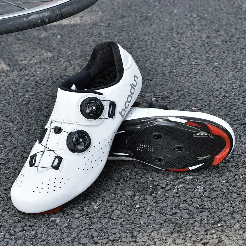 

BOODUN Men Genuine Leather Cycling Shoes Road Bike Carbon Sole Breathable Roadbike Shoes White Road Bike Bicycle Racing Shoes