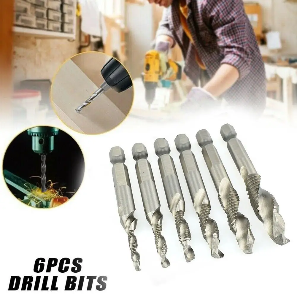 

6PCS M3-M10 Screw Tap Drill Bits HSS Taps Woodworking Metric Combination Bit High Speed Steel Titanium 1/4" IN Quick Change Hex