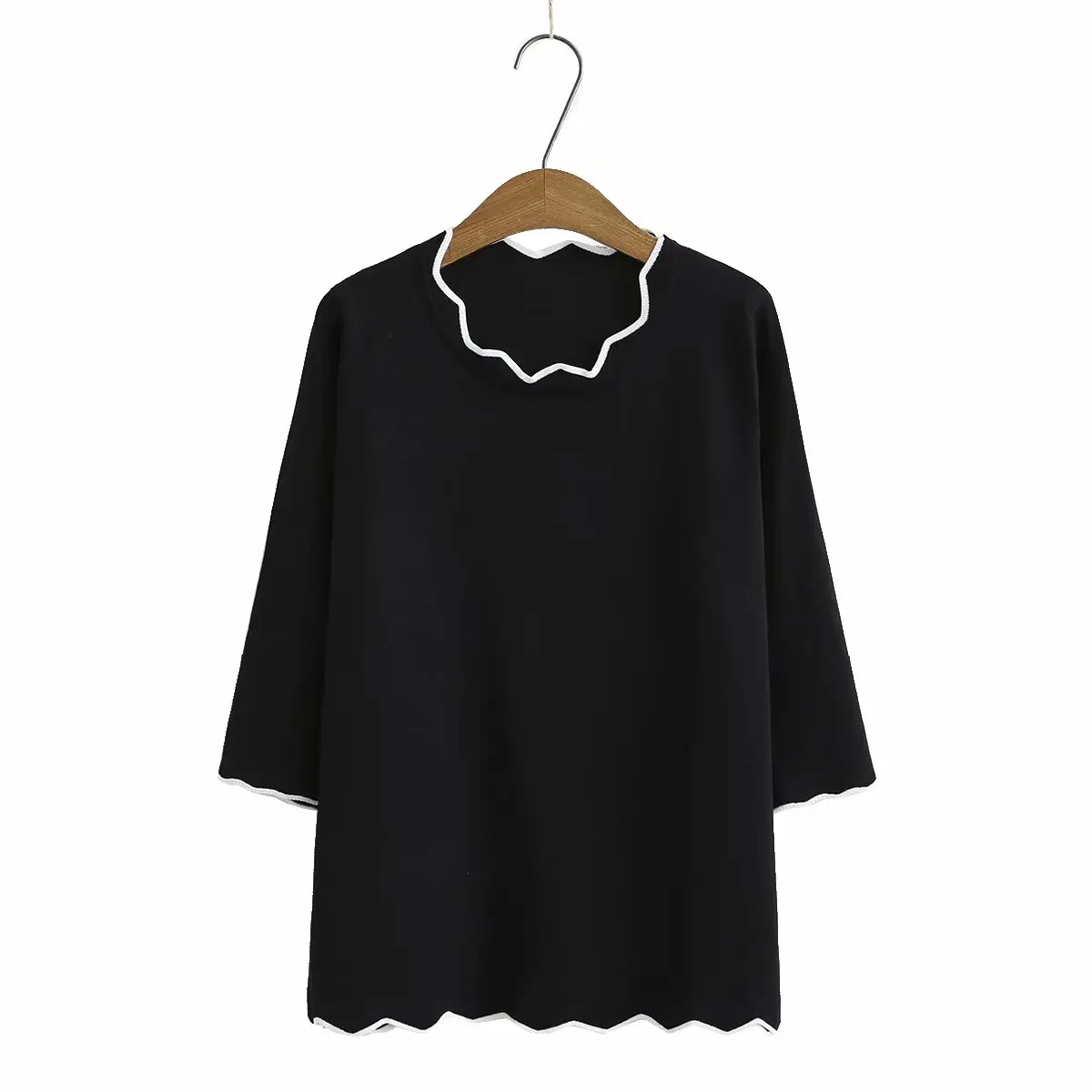 

Plus size red black dark blue knitted women t shirts 2021 casual summer tshirts lace collar three quarter sleeve ladies t-shirts