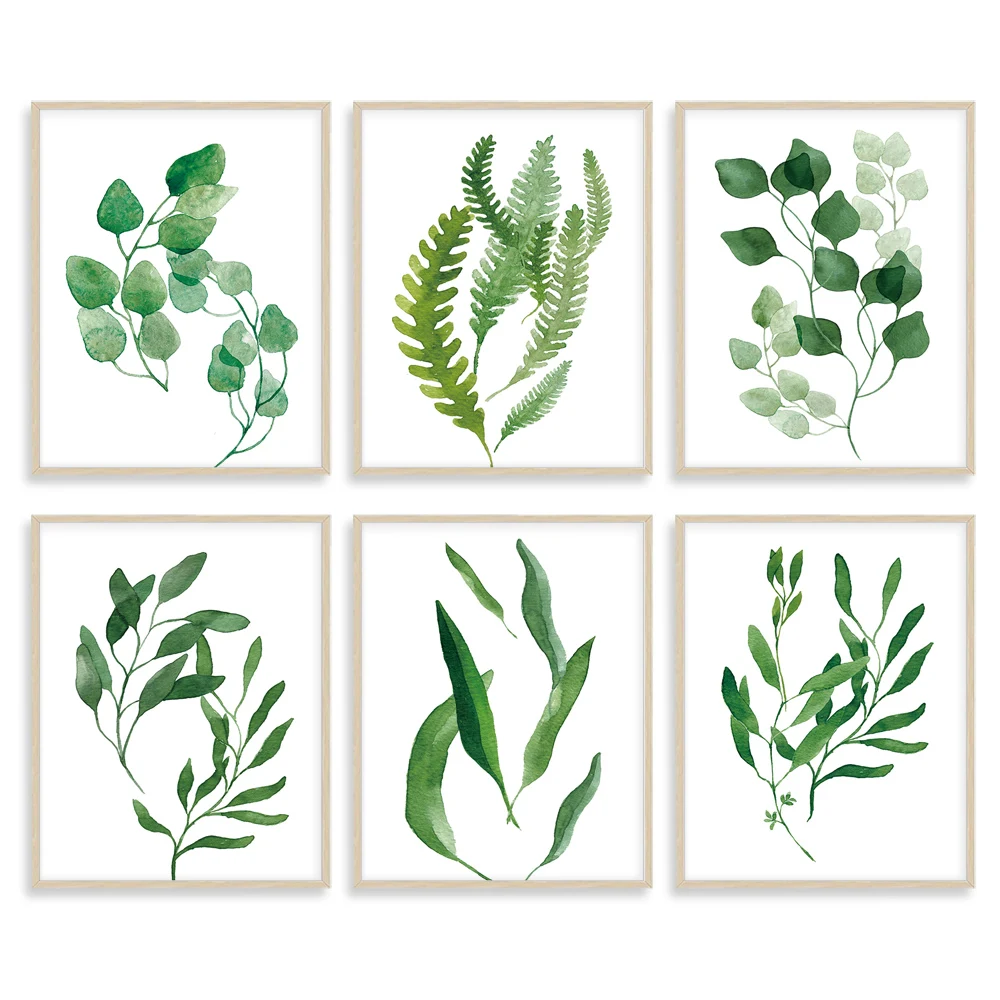 

Скандинавская зеленая листья растения без рамки (набор из 6 шт.), принты на стену, искусство на холсте, ботанические постеры, художественная ж...