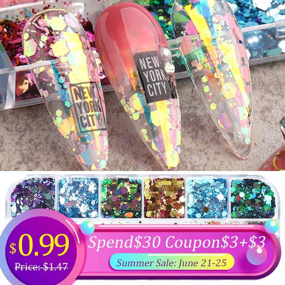 

1Box Mirror Holographic Glitter Nail Art Sequin Paillette Hexagon Round Mermaid Spangle Sequins Decoration For Manicure JI1904-1