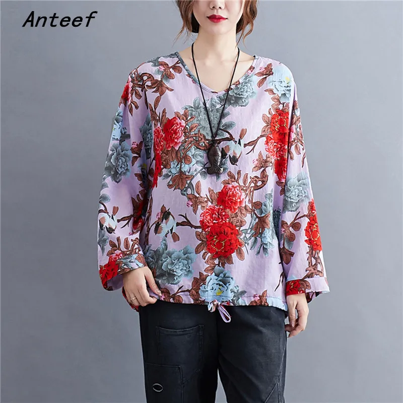 

long sleeve oversized korean cotton linen vintage floral casual loose tee t shirt women t-shirt woman tshirt clothes 2022 tops