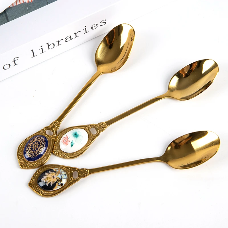 

Stainless Steel Stirring Spoon Embossed Coffee Ladle Ceramic Handle Gilt Cake Spoon Dinnerware Honey Scoop Kitchen Accessories