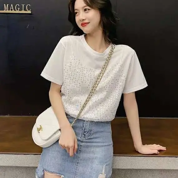 Новинка лета 2020 женская модная футболка с имитацией двух частей блестками и
