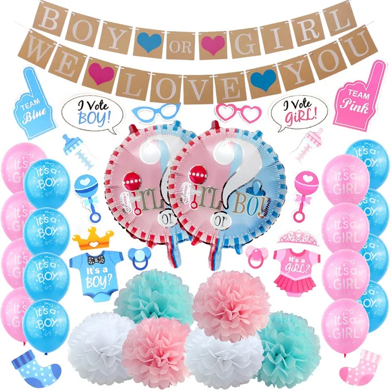 

Pink and Blue Gender Reveal Balloons Photo booth Props Sash Banner Baby Gender Reveal Party Supplies Kit For Baby Boy Or Girl