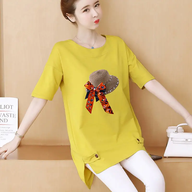 

Hat Appliques Tshirt Oversize Spring Summer 2022 Fashion Women Ladies Tops Tees Print Female Plus Size Tee Shirt Femme Y651