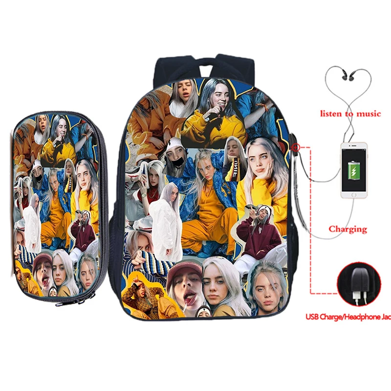 Billie Eilish рюкзак для зарядки через usb 2 шт./компл. школьная сумка для подростков мальчиков и девочек рюкзак для ноутбука пенал Дорожная сумка на плечо