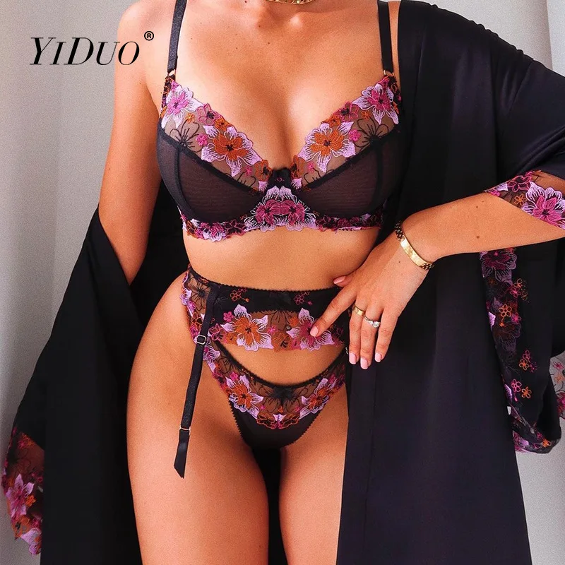 

YiDuo Floral Embroidery Lace Bra Set Women Patchwork Mesh Underwear + Panty Garters 3 Piece Set Ladies Black Sexy Lingerie Set