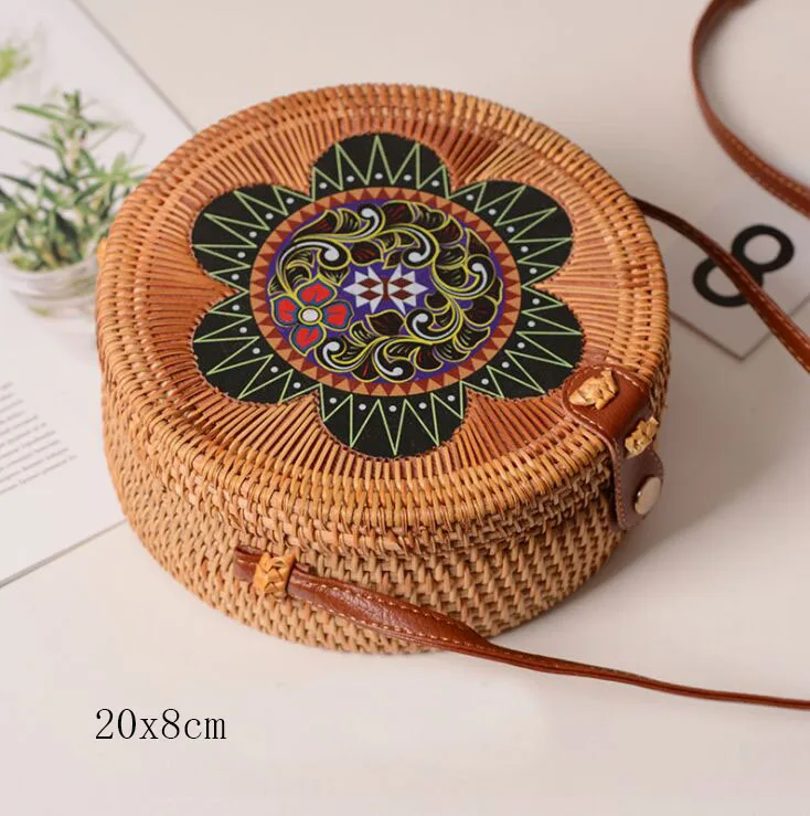 flower T 20X8cm Солнечный пляж, ручные тканые сумки, круглая сумка с пряжкой, Ротанговые соломенные сумки, ранец, богемная пляжная круглая сумка - Цвет: flower T 20X8cm