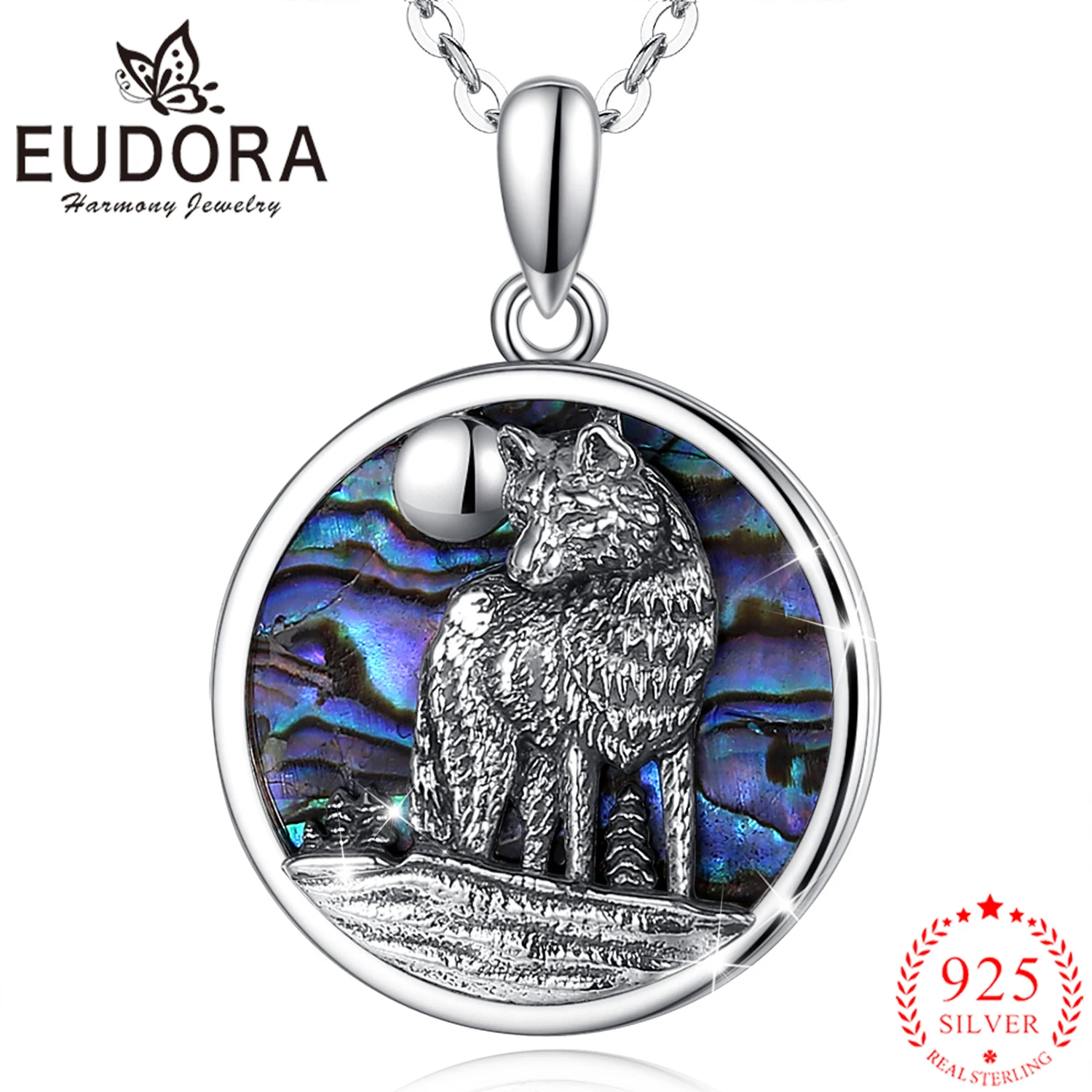 Eudora 925 Sterling Silver Abalone Shell Head Wolf Pendant Mother Oyster Blue Colorful Fine Necklace Jewelry for Leader