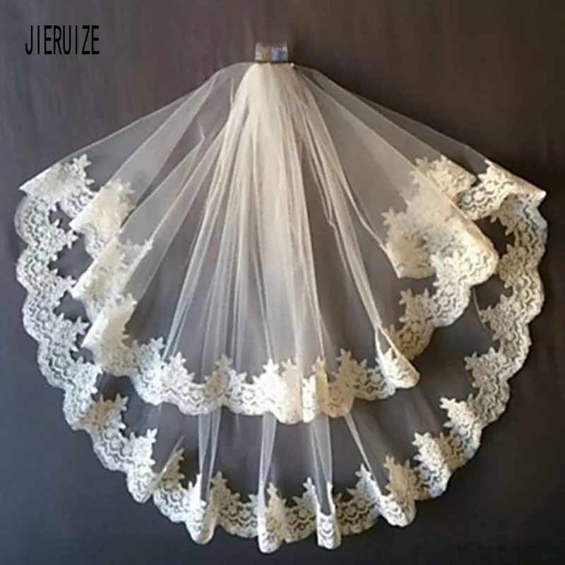 

JIERUIZE Latest Applique Edge Elbow Length Layer 2 White Ivory Bridal veil Wedding Accessories Veils With Comb Velos De Novia