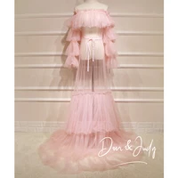 donjudy elegant tulle see though dresses robes for photography sheer robe puffy sleeve fluffy tulle maternity prom dressing