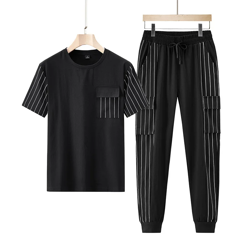 

Mens Clothing 2021 Summer New Trend Striped Casual Sports Suit Men's Trendy Short-sleeved T-shirt + Trousers