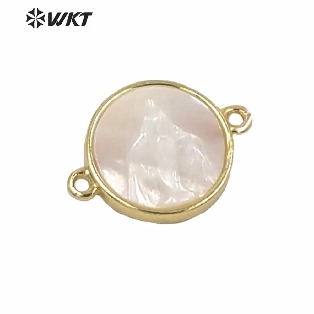 

WT-MP170 Religious Design Gold Guadalupe Pendant Metal Bezel Setting White Pearl Shell Connectors Tiny Charm Jesus ACC
