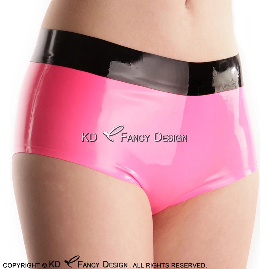 Metallic Pink And Black Sexy Latex Briefs With Trims On Top Rubber Boyshorts Underwears Panties Underpants DK-0153