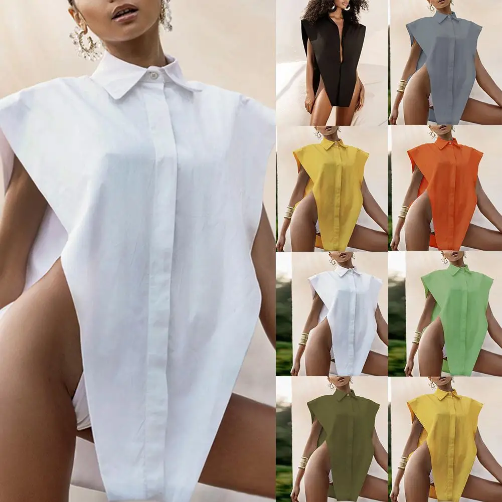 

Рубашка женская без рукавов, пикантный модный топ с боковым вырезом и отложным воротником, повседневная одежда