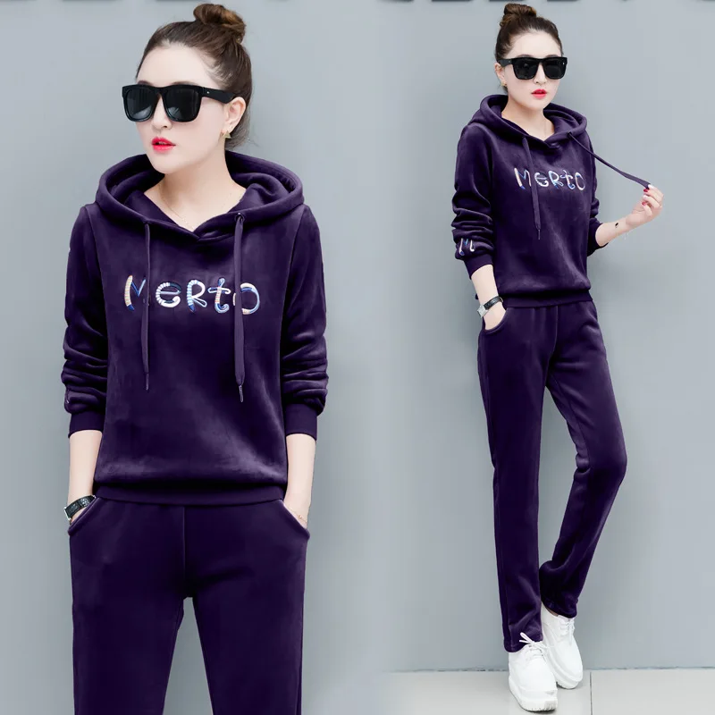 Осенний Бархатный спортивный костюм Для женщин комплект из 2 частей утепленные